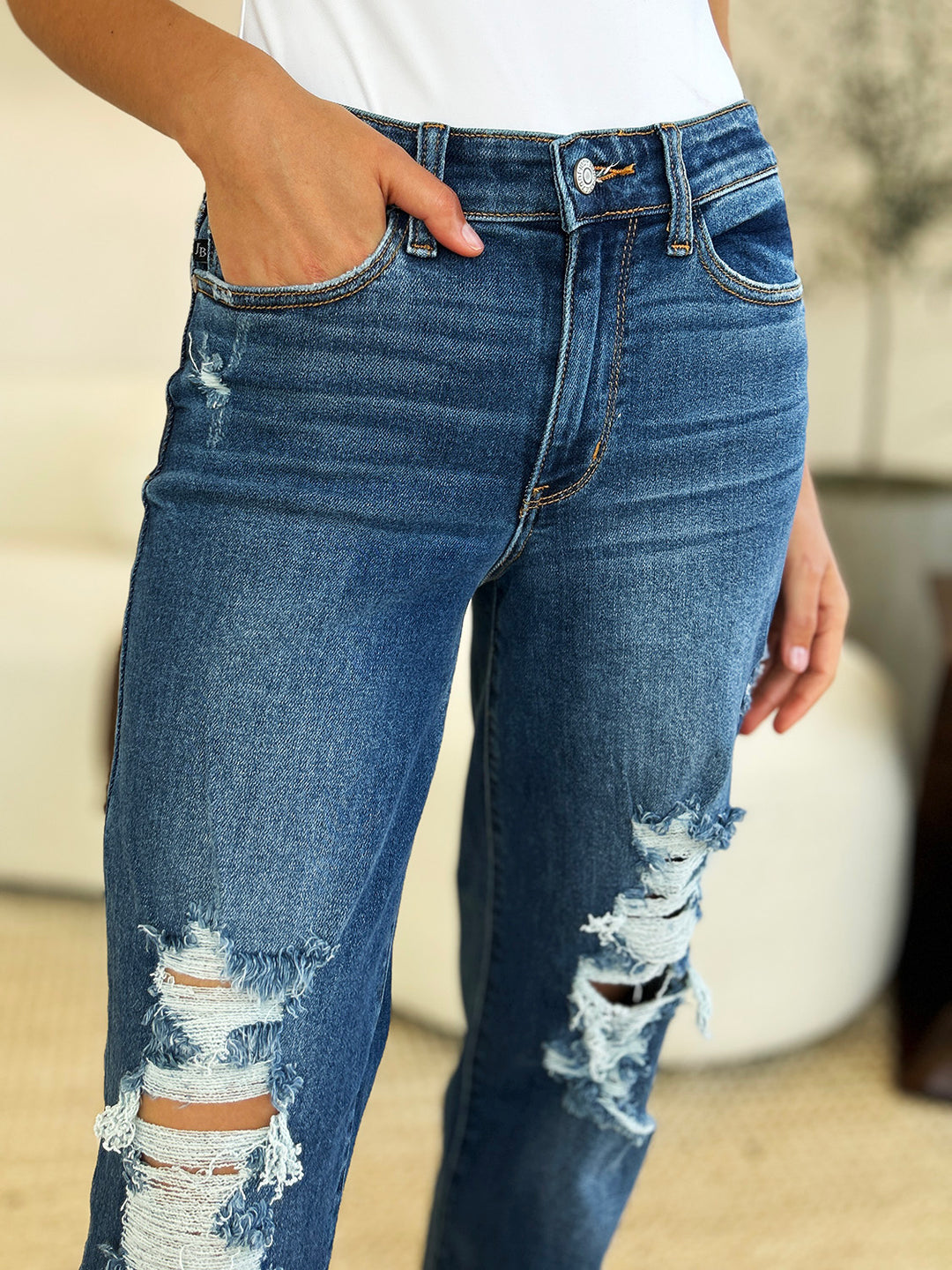 Denim - Judy Blue Full Size Mid Rise Distressed Raw Hem Jeans -  - Cultured Cloths Apparel