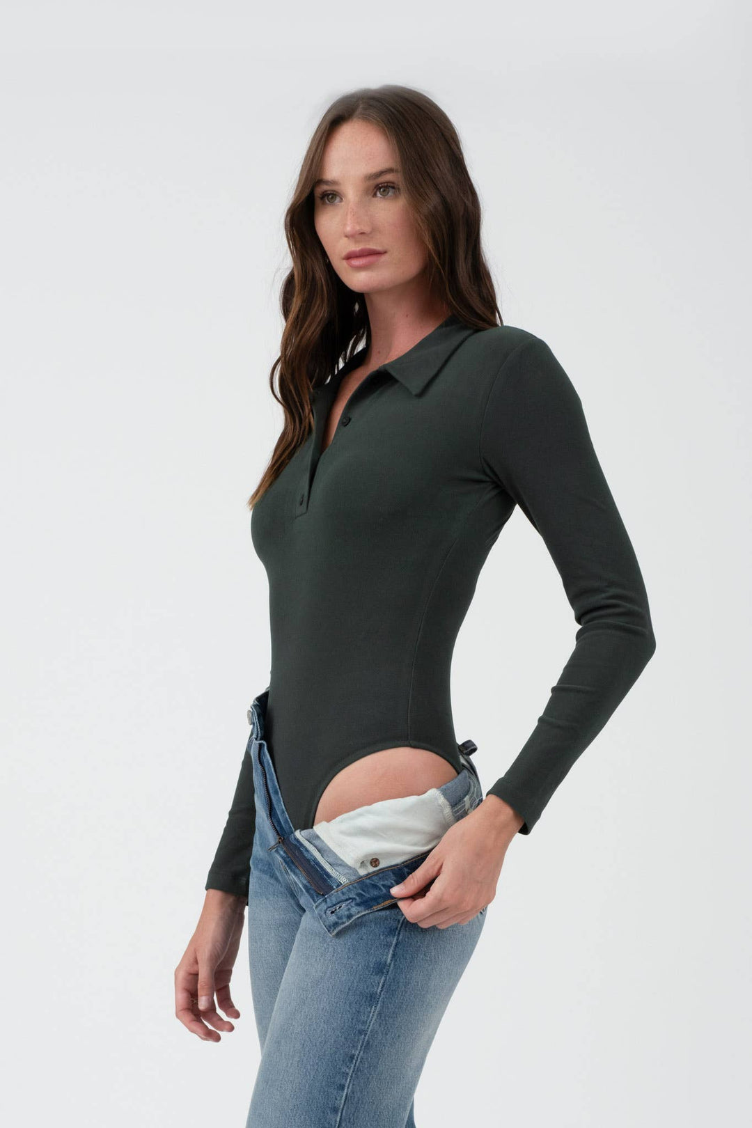 Women's Sweaters - SOLID COLLARED LONG SLEEVE BODYSUIT - HUNTER GREEN - Cultured Cloths Apparel