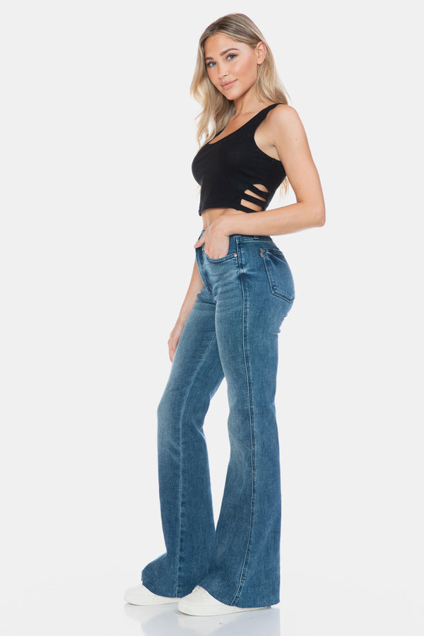 Denim - Judy Blue Full Size Tummy Control Cut Hem Flare Jeans -  - Cultured Cloths Apparel