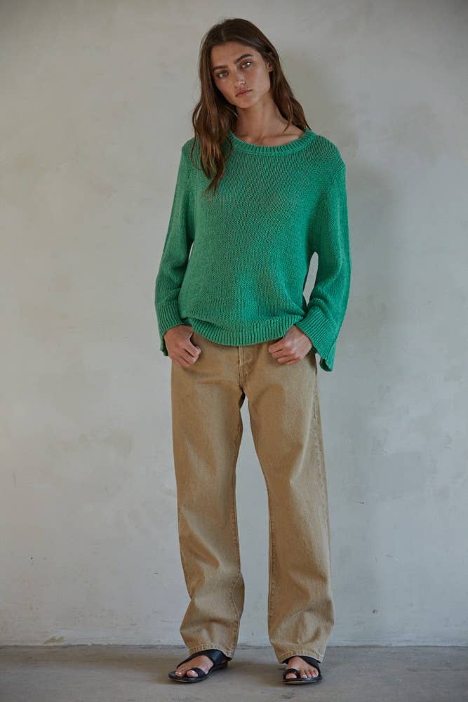 Women's Sweaters - Knit Cotton Crew Neck Long Sleeve Sweater Top - Green - Cultured Cloths Apparel