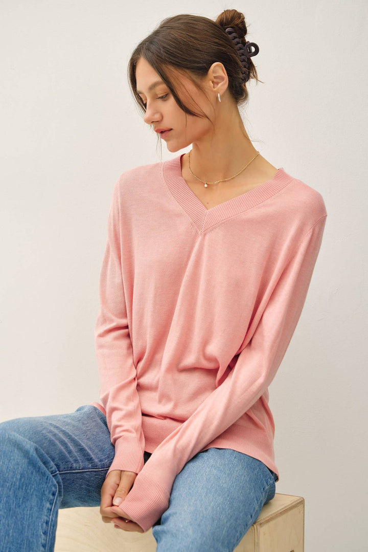 Women's Sweaters - CASHEMERE BLEND V-NECK SWEATER - Spring Coral - Cultured Cloths Apparel