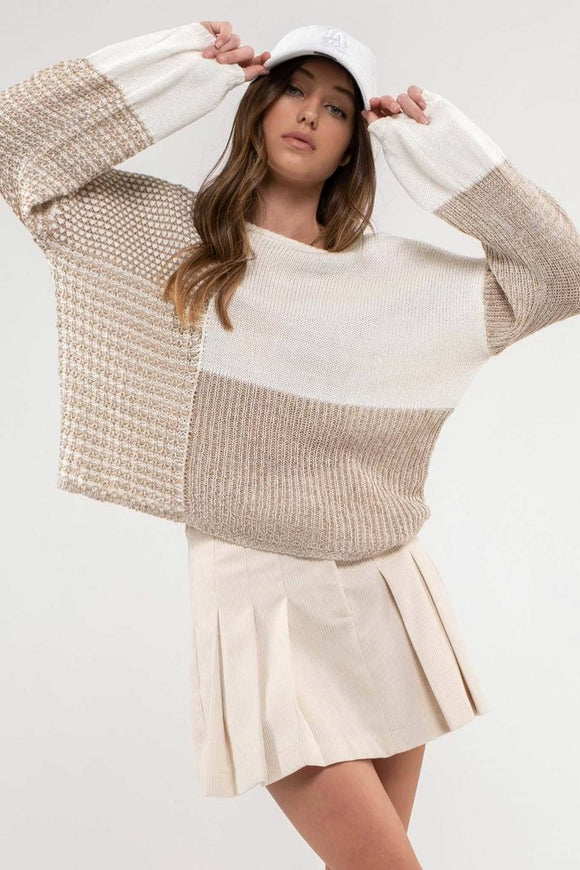 Women's Sweaters - BACK TIE COLORBLOCK KNIT SWEATER - TAUPE MULTI - Cultured Cloths Apparel