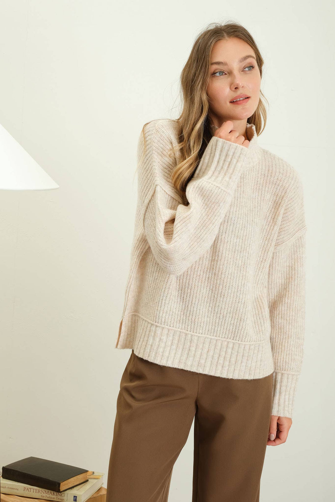 Women's Sweaters - MOCK NECK SPLIT HEM KNIT PULLOVER SWEATER - OATMEAL - Cultured Cloths Apparel