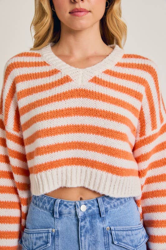 Women's Sweaters - Long Sleeve V-Neck Striped Cropped Sweater - - Cultured Cloths Apparel