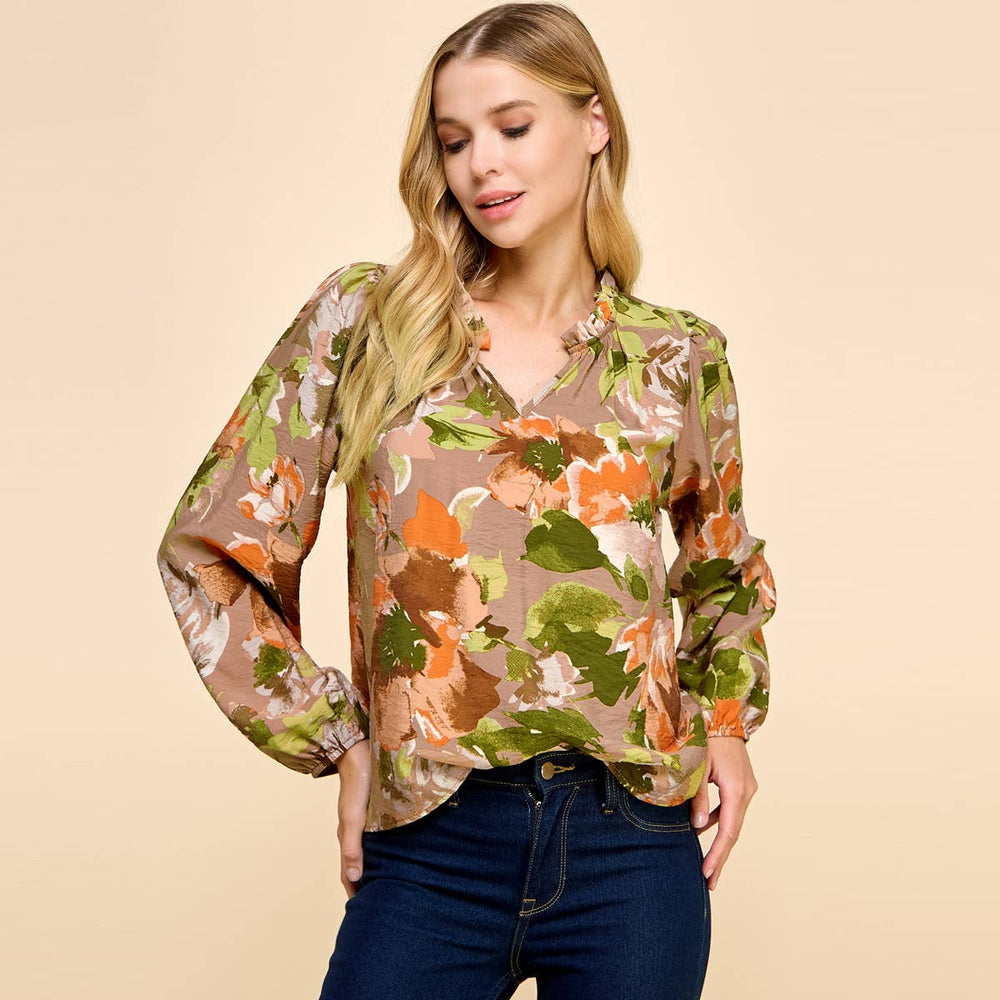 Women's Long Sleeve - Floral Printed Long Sleeves Top Ruffled V Neck Detail - Khaki - Cultured Cloths Apparel