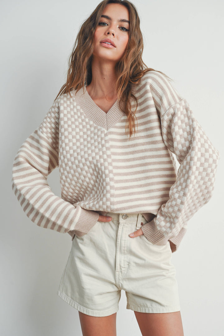 Women's Sweaters - FRENCHY CHECKER PATTERN DROP SHOULDER SWEATER - - Cultured Cloths Apparel