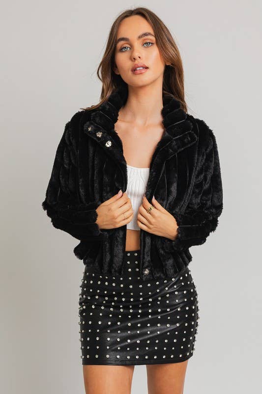 Outerwear - Faux Crop Fur Jacket - Black - Cultured Cloths Apparel