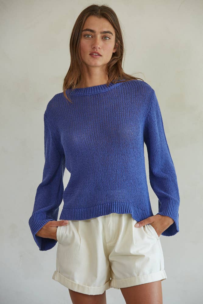 Women's Sweaters - Knit Cotton Crew Neck Long Sleeve Sweater Top - Midnight Blue - Cultured Cloths Apparel