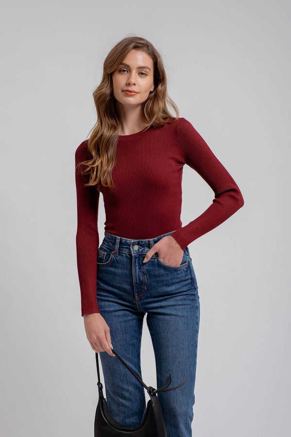 Women's Sweaters - SOLID CREWNECK LONG SLEEVE SWEATER KNIT PULLOVER - OXBLOOD - Cultured Cloths Apparel