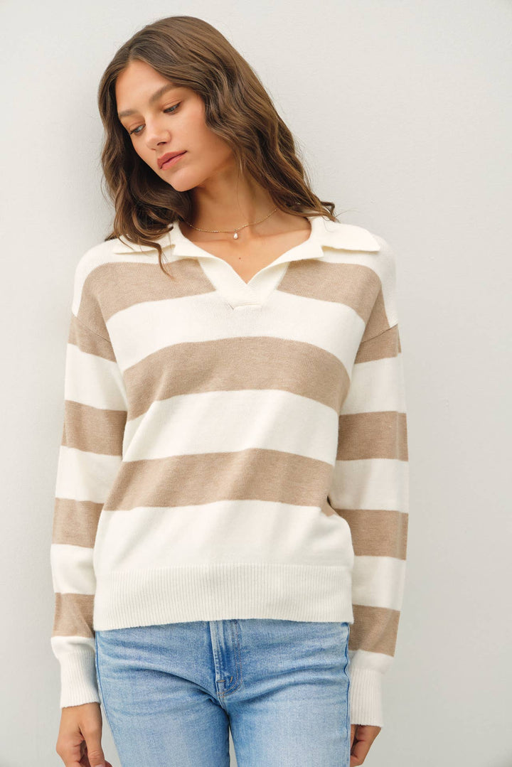 Women's Sweaters - LARGE STRIPE COLLARED SWEATER - M/L - Cultured Cloths Apparel