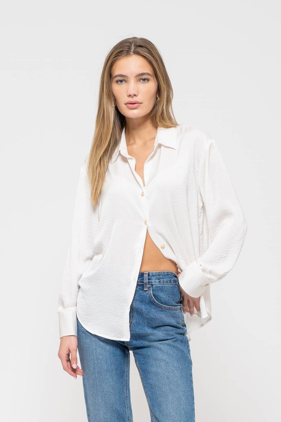 Women's Long Sleeve - TEXTURED SATIN LONG SLEEVE BUTTON DOWN SHIRT - IVORY - Cultured Cloths Apparel