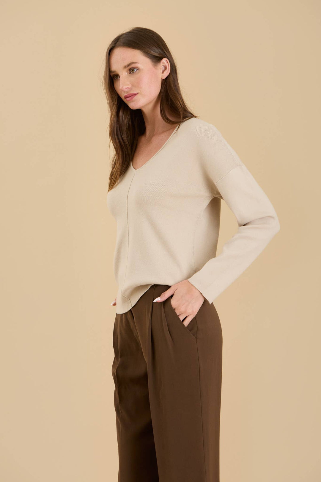 Women's Sweaters - SOLID V NECK FRONT SEAM KNIT SWEATER - OATMEAL - Cultured Cloths Apparel