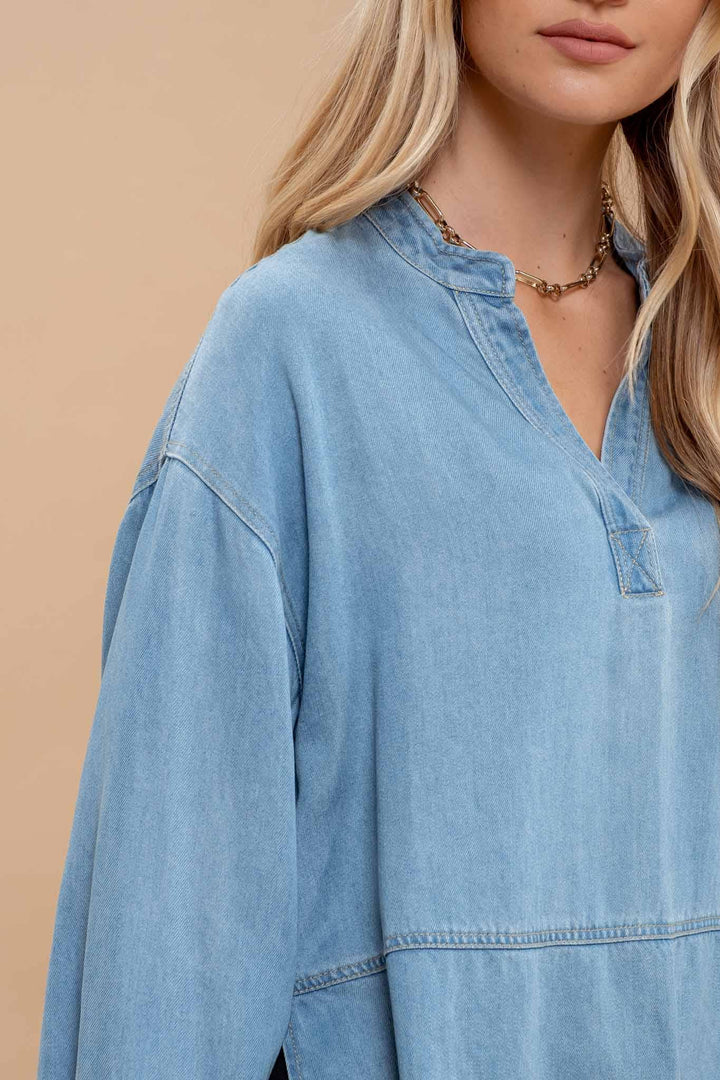 Women's Long Sleeve - DENIM SPLIT NECK LONG SLEEVE SIDE SLIT TOP -  - Cultured Cloths Apparel