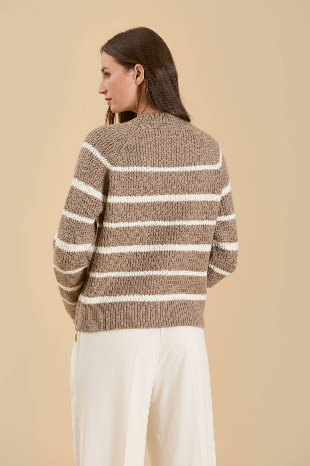 Women's Sweaters - STRIPE HIGH NECK KNIT PULLOVER SWEATER - TAUPE - Cultured Cloths Apparel