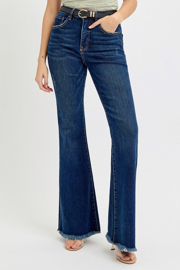 Denim - RISEN Tummy Control Frayed Hem Flare Jeans - Dark - Cultured Cloths Apparel