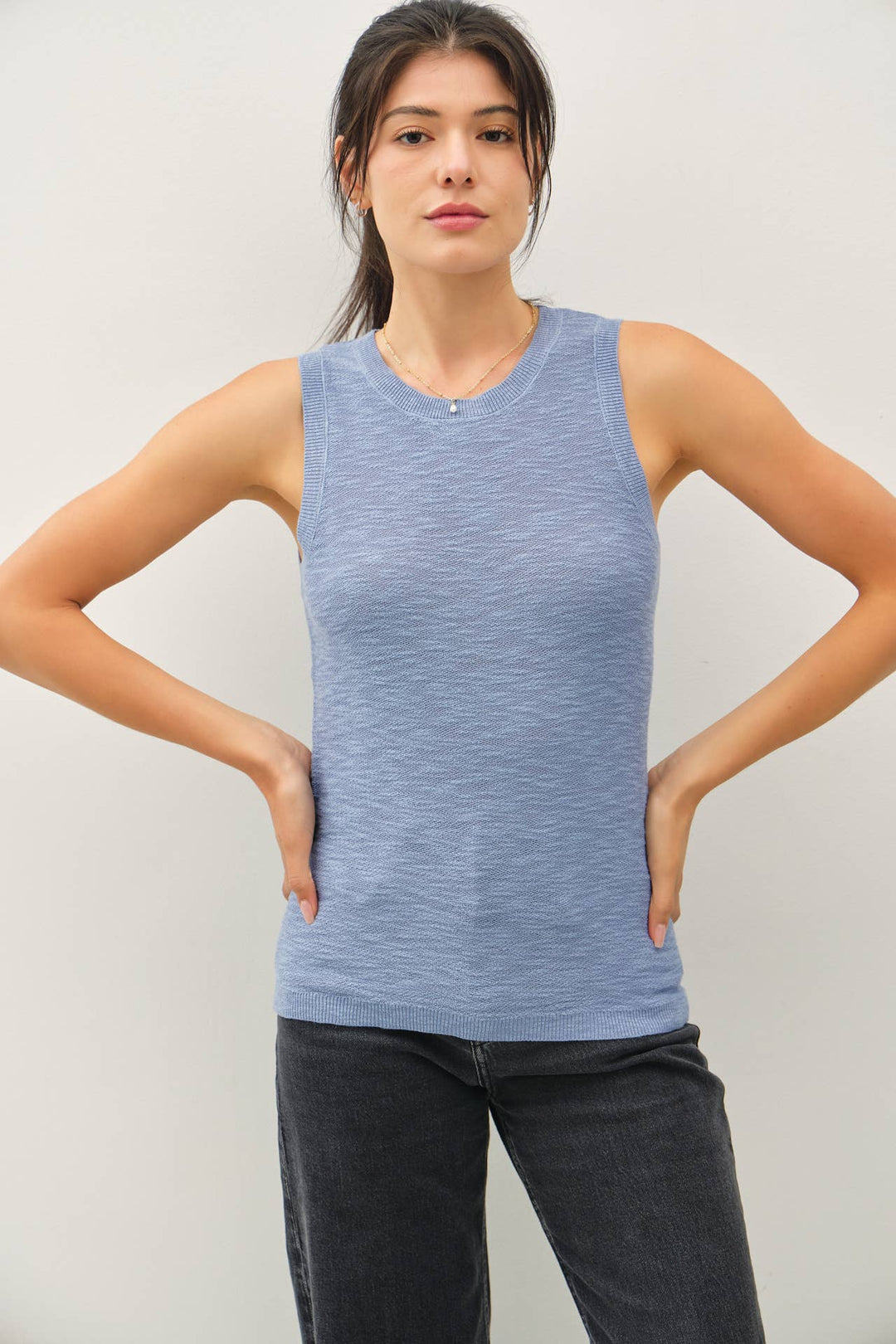 Women's Sleeveless - ROUND NECK SLEEVELESS SLUB KNIT TOP - Denim - Cultured Cloths Apparel