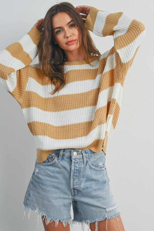 Women's Sweaters - STRIPED ROUND NECK LONG SLEEVE SWEATER -  - Cultured Cloths Apparel