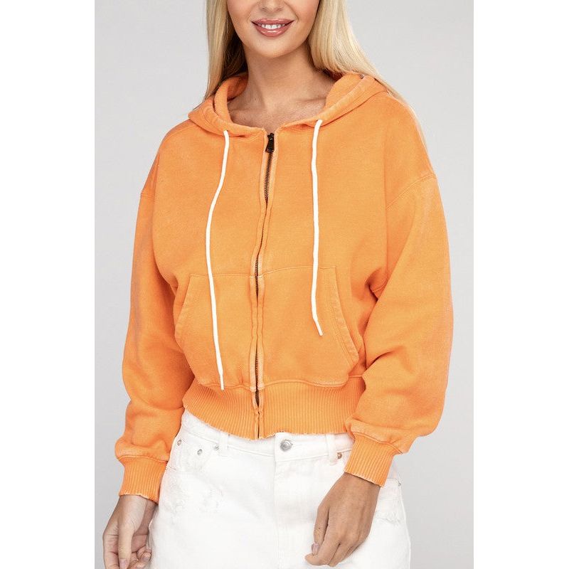 Outerwear - Acid Wash Fleece Cropped Zip-Up Hoodie - LT ORANGE - Cultured Cloths Apparel