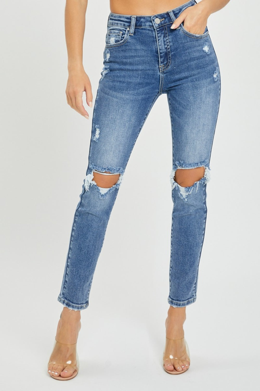 Denim - Risen Full Size High Rise Knee Distressed Skinny Jeans - Medium - Cultured Cloths Apparel