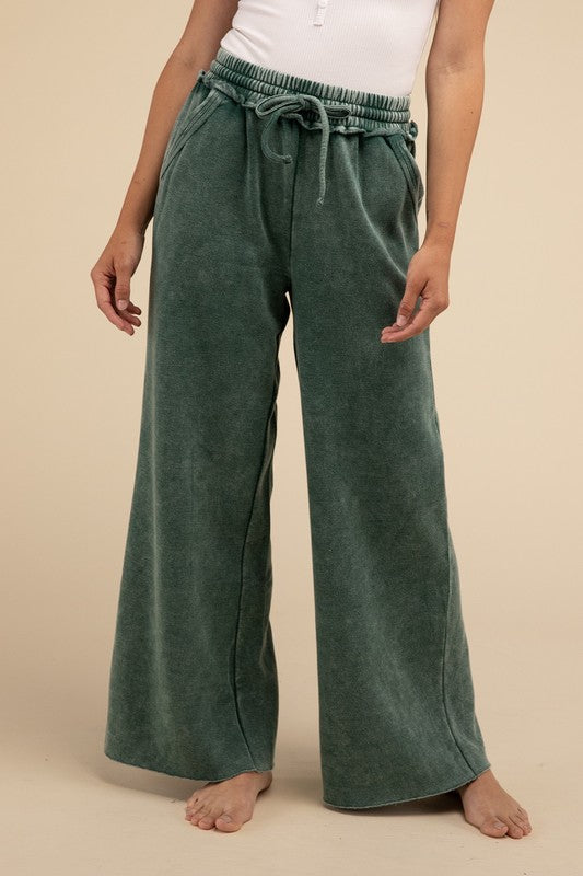  - Acid Wash Fleece Palazzo Sweatpants with Pockets - DK GREEN - Cultured Cloths Apparel