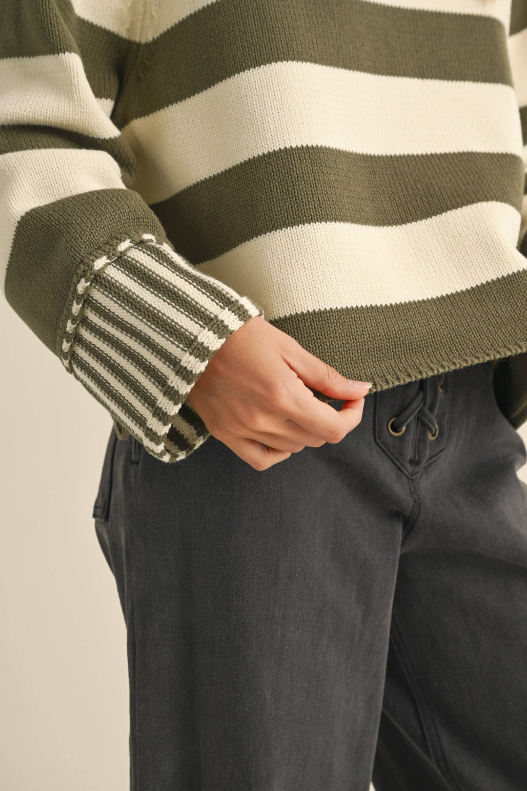 Women's Sweaters - OLIVE/WHITE STRIPED SWEATER TOP - - Cultured Cloths Apparel