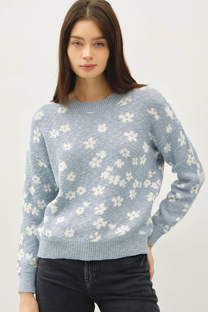 Women's Sweaters - FLORAL SWEATER TOP - Slate Blue - Cultured Cloths Apparel