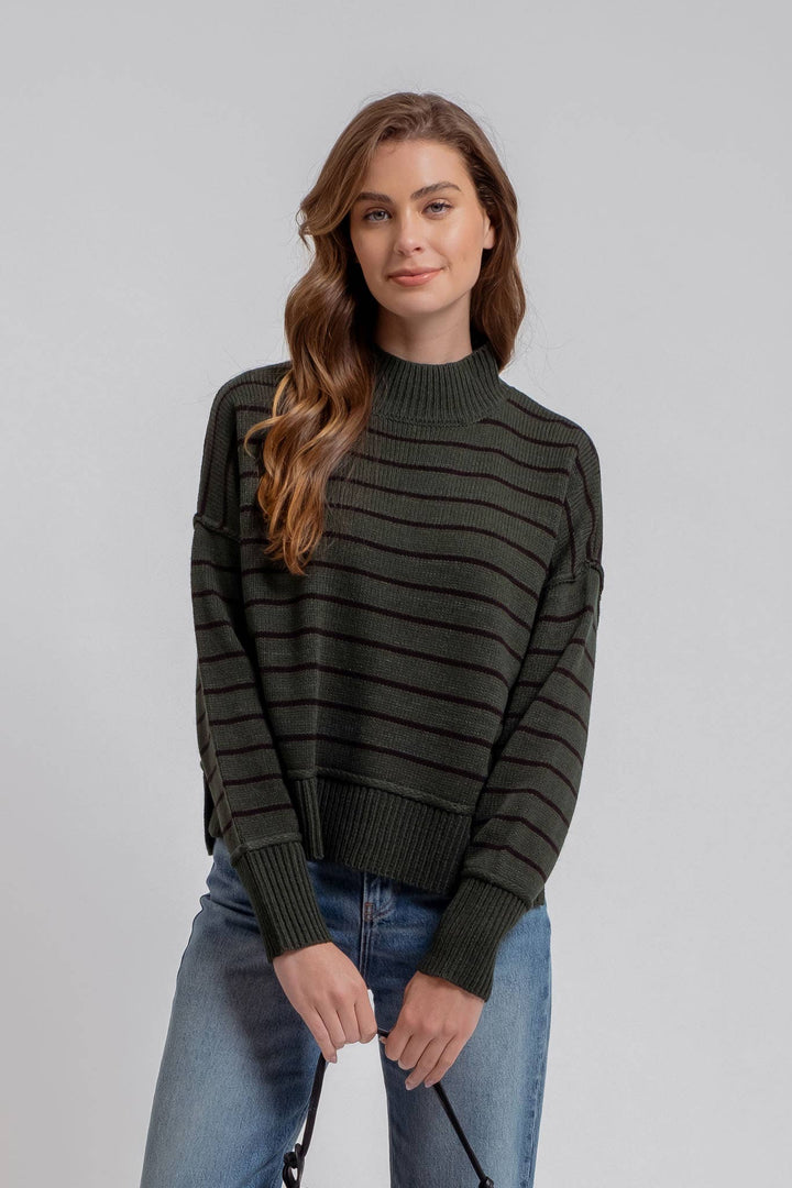 Women's Sweaters - STRIPE MOCK NECK SIDE SPLIT KNIT PULLOVER SWEATER - HUNTER GREEN - Cultured Cloths Apparel