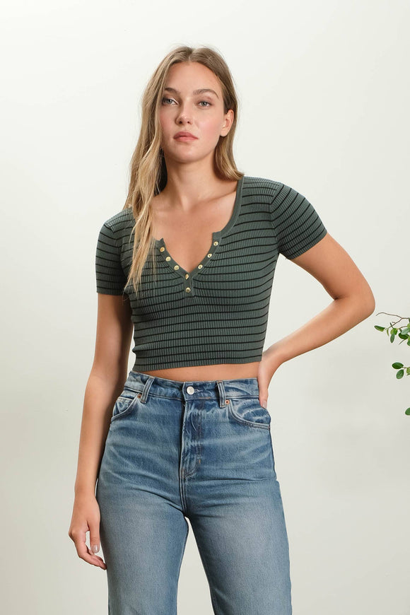 Women's Short Sleeve - STRIPE HENLEY SHORT SLEEVE KNIT CROP TOP -  - Cultured Cloths Apparel