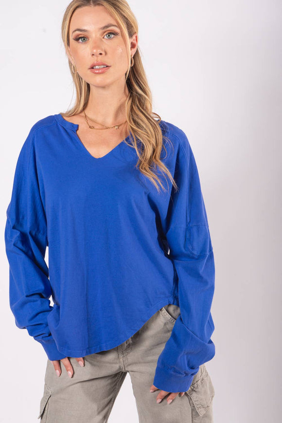 Women's Long Sleeve - WASHED OVERSIZED PREMIUM COTTON NOTCH NECK TEE - Cobalt blue - Cultured Cloths Apparel