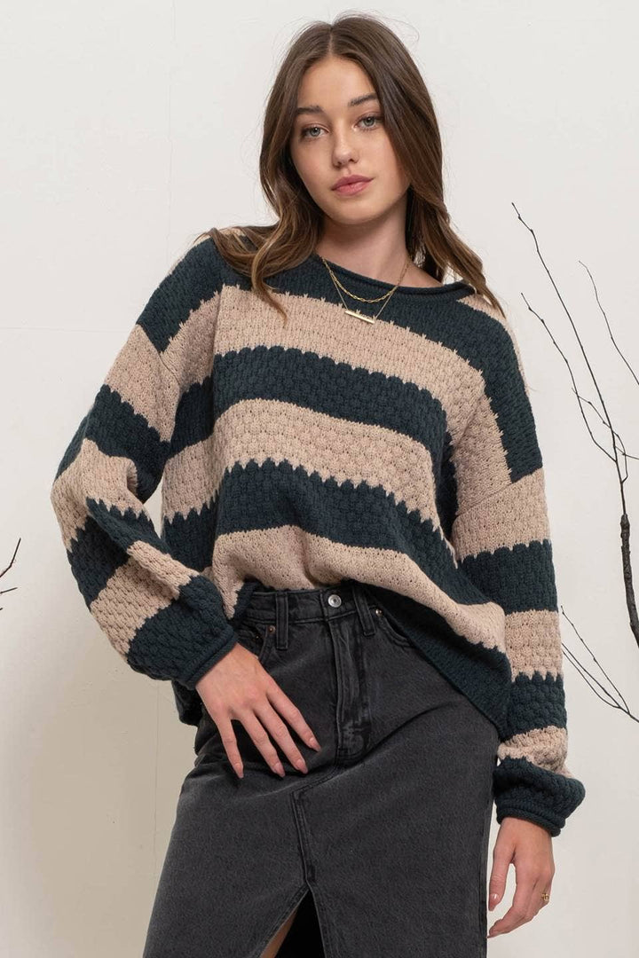 Women's Sweaters - STRIPED CREW KNIT SWEATER - - Cultured Cloths Apparel