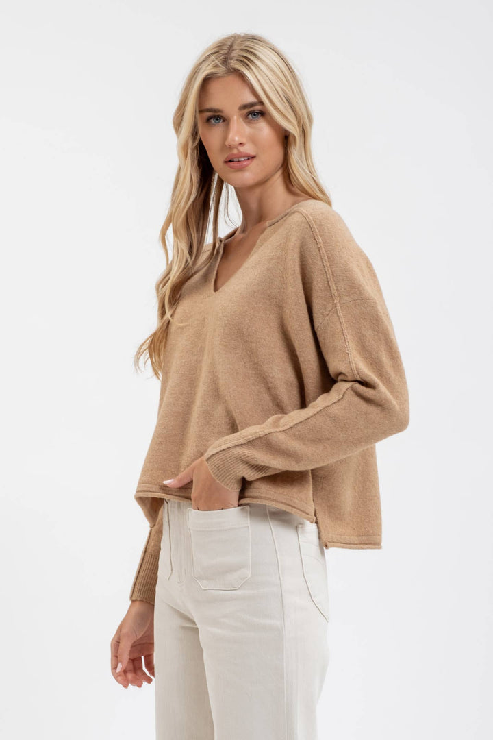 Women's Long Sleeve - EXPOSED SEAM SPLIT NECK KNIT SWEATER -  - Cultured Cloths Apparel