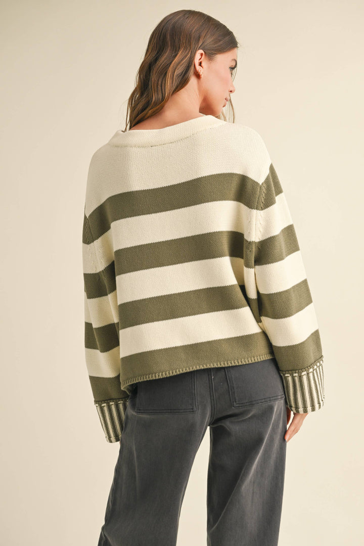 Women's Sweaters - OLIVE/WHITE STRIPED SWEATER TOP - - Cultured Cloths Apparel