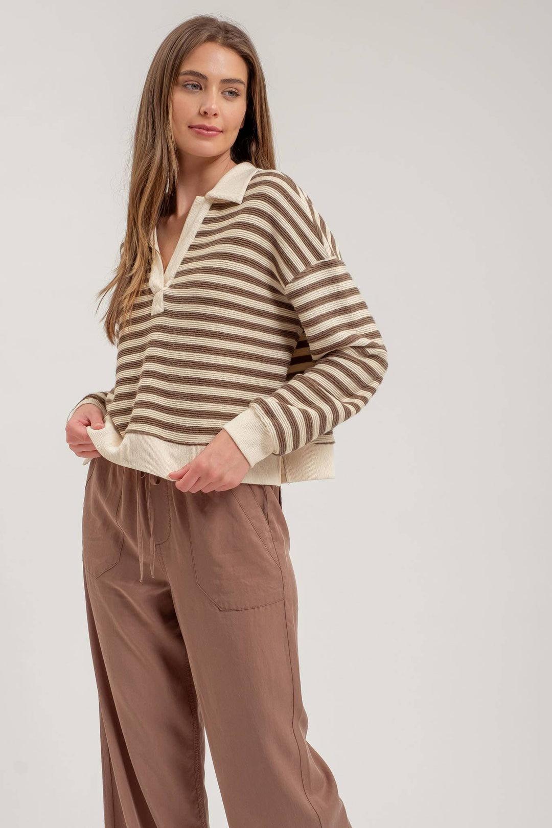 Women's Sweaters - STRIPED COLLARED LONG SLEEVE POLO KNIT TOP - TAUPE - Cultured Cloths Apparel