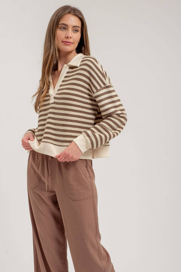 Women's Sweaters - STRIPED COLLARED LONG SLEEVE POLO KNIT TOP - TAUPE - Cultured Cloths Apparel