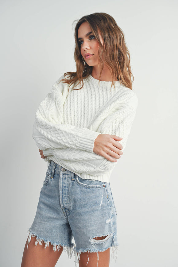 Women's Sweaters - Casual Solid Cable Knit Sweater - IVORY - Cultured Cloths Apparel