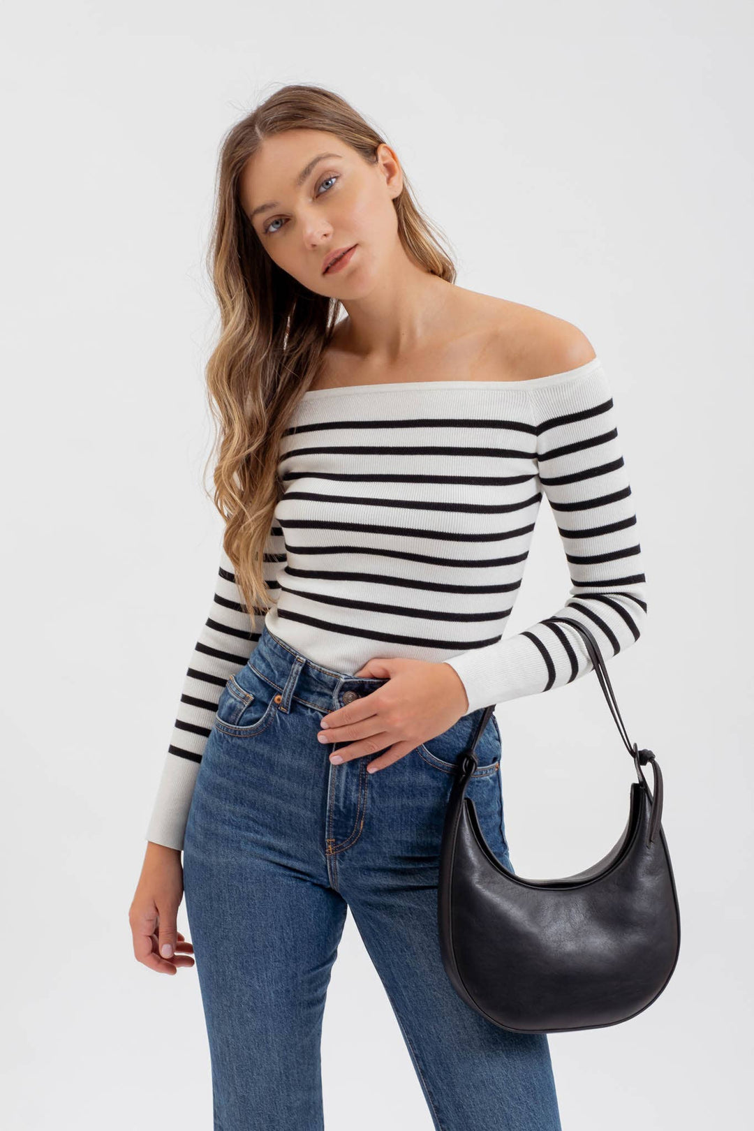 Women's Long Sleeve - STRIPE OFF THE SHOULDER LONG SLEEVE KNIT SWEATER -  - Cultured Cloths Apparel