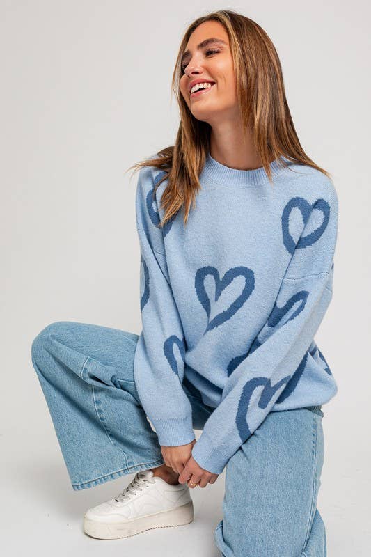 Women's Sweaters - Long Sleeve Round Neck Heart Printed Sweater - Lt Blue-Blue Heart - Cultured Cloths Apparel