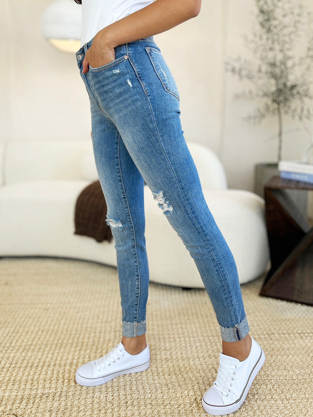 Denim - Judy Blue Full Size Mid Rise Destroy & Cuff Skinny Jeans -  - Cultured Cloths Apparel