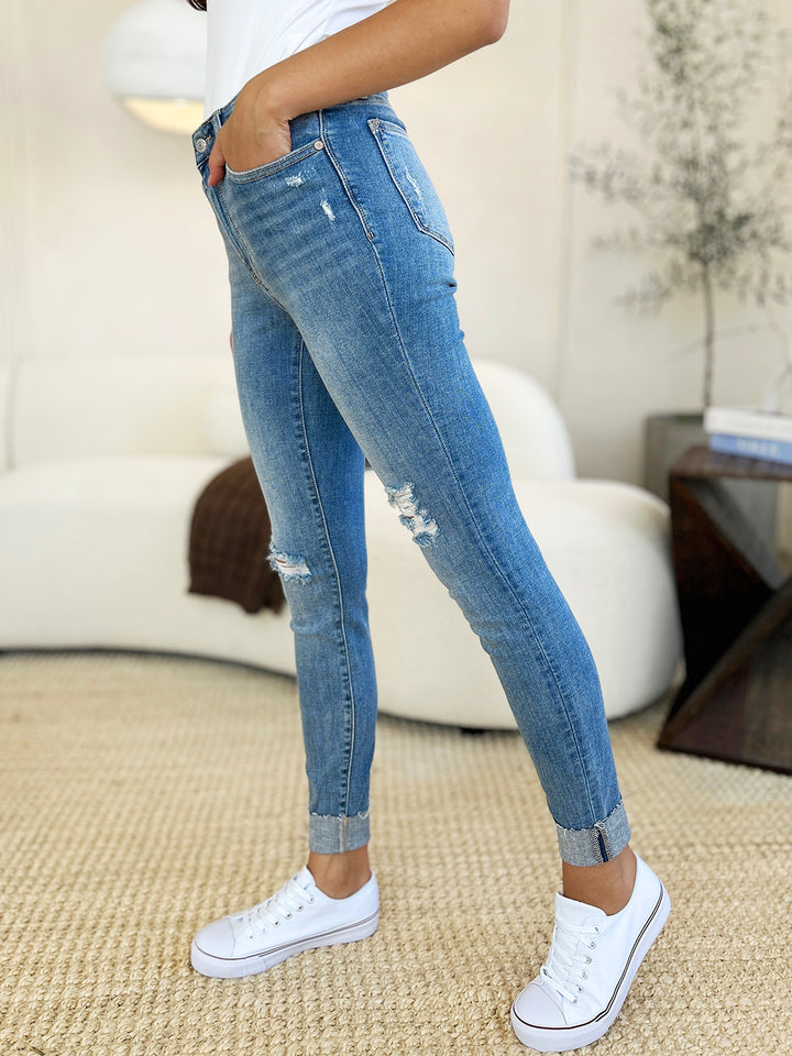 Denim - Judy Blue Full Size Mid Rise Destroy & Cuff Skinny Jeans -  - Cultured Cloths Apparel