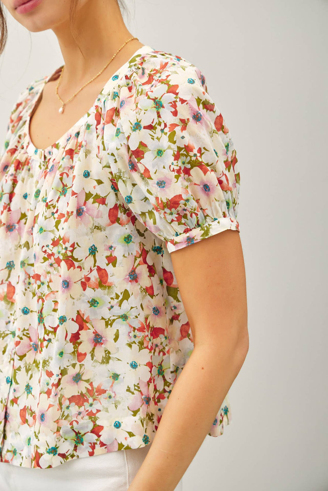 Women's Short Sleeve - FLORAL BOXY PUFF SLEEVE BUTTON UP TOP - - Cultured Cloths Apparel