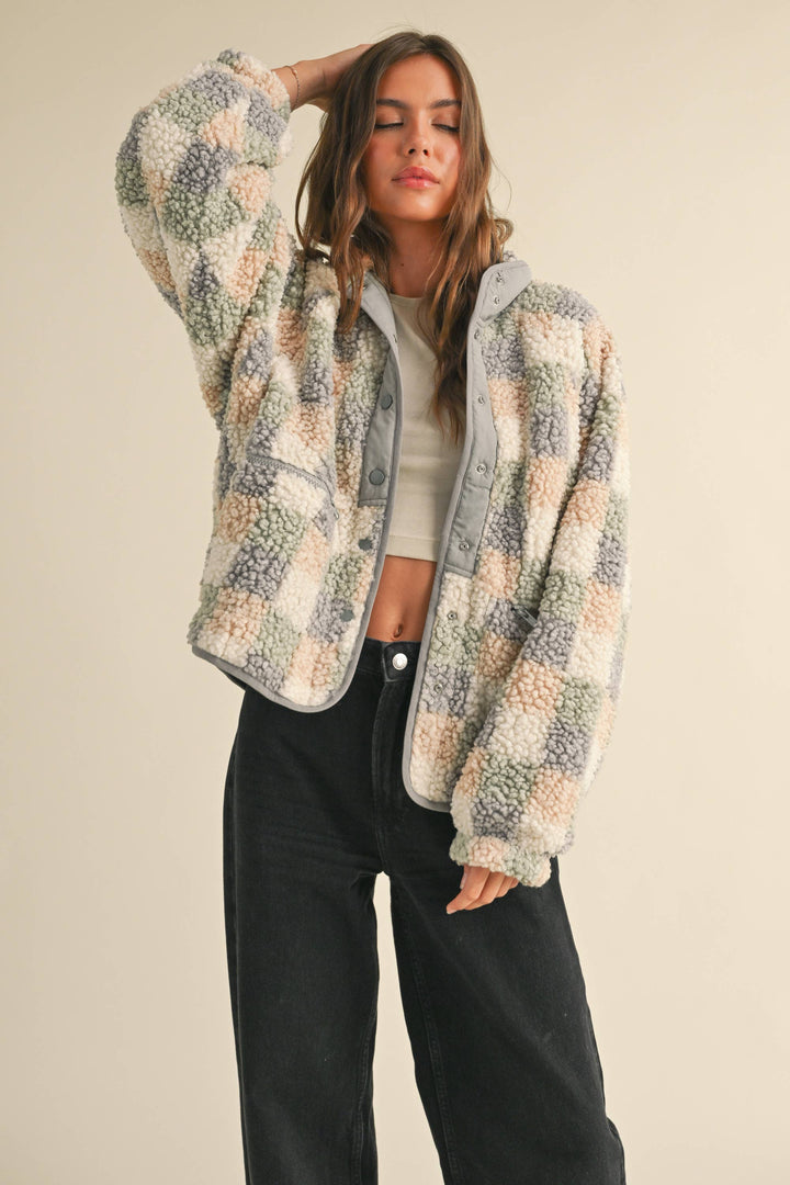 Outerwear - MULTI COLOR GRID PATTERN SHERPA JACKET - SAGE/BEIGE/GREY - Cultured Cloths Apparel