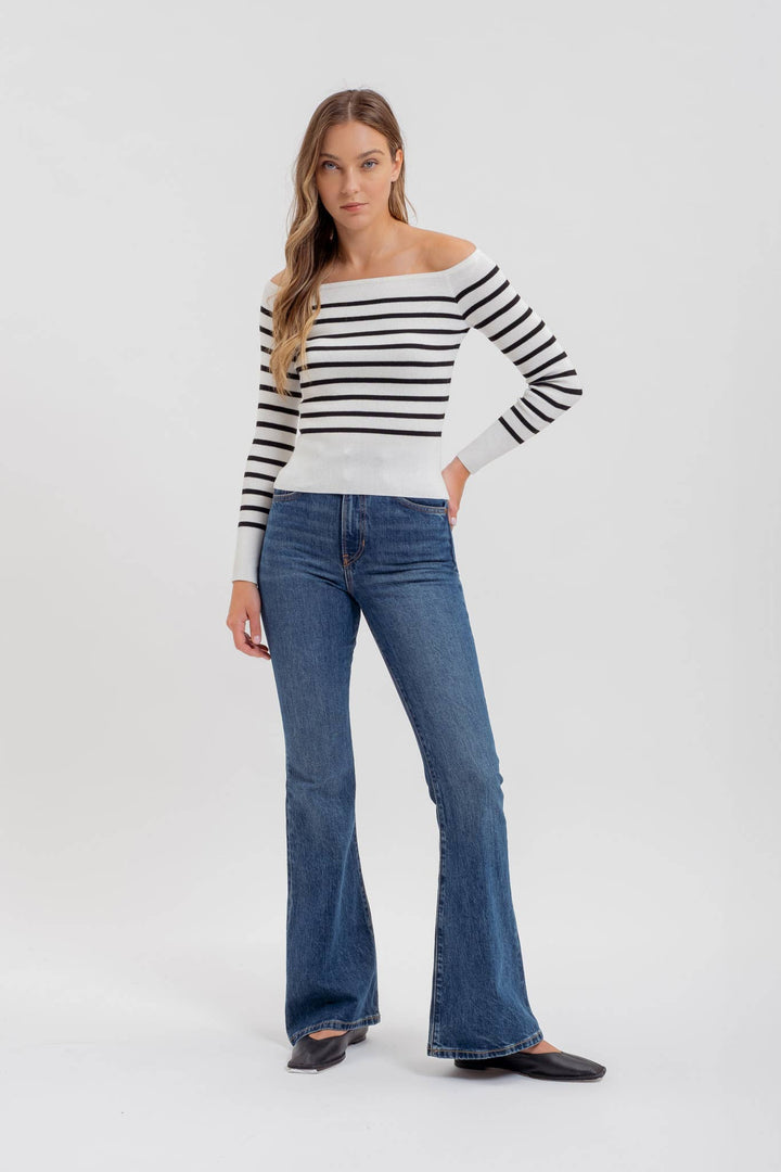 Women's Long Sleeve - STRIPE OFF THE SHOULDER LONG SLEEVE KNIT SWEATER -  - Cultured Cloths Apparel