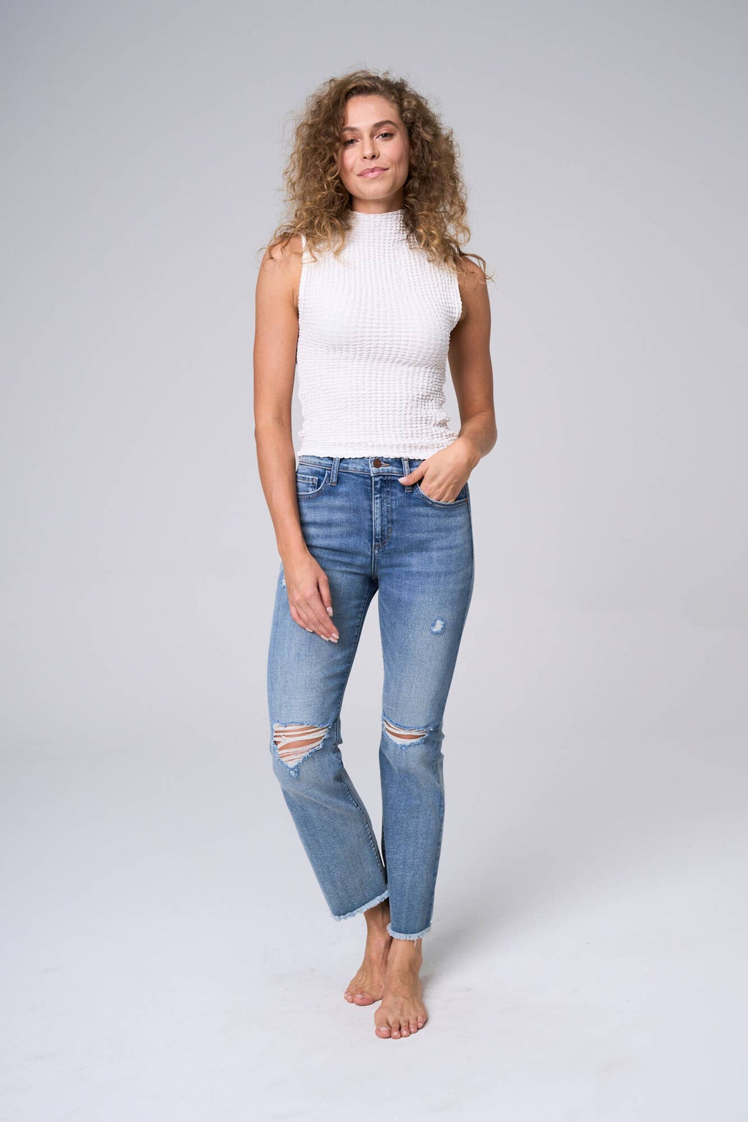 Denim - HIGH RISE STRAIGHT LEG ANKLE JEANS WITH FRAY HEM -  - Cultured Cloths Apparel