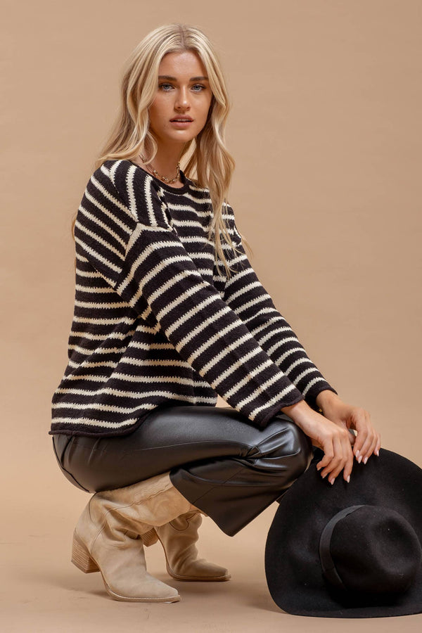 Women's Sweaters - STRIPE BOAT NECK DROP SHOULDER KNIT SWEATER -  - Cultured Cloths Apparel