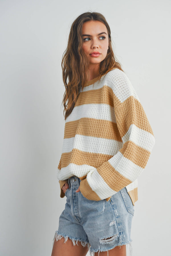 Women's Sweaters - STRIPED ROUND NECK LONG SLEEVE SWEATER -  - Cultured Cloths Apparel