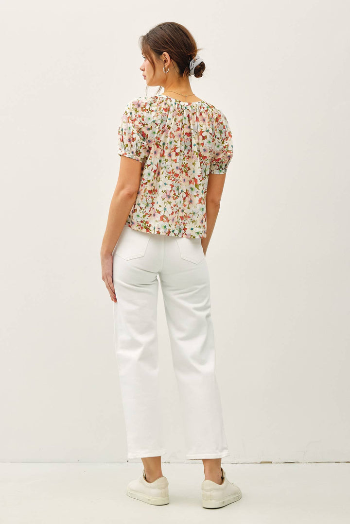 Women's Short Sleeve - FLORAL BOXY PUFF SLEEVE BUTTON UP TOP - - Cultured Cloths Apparel