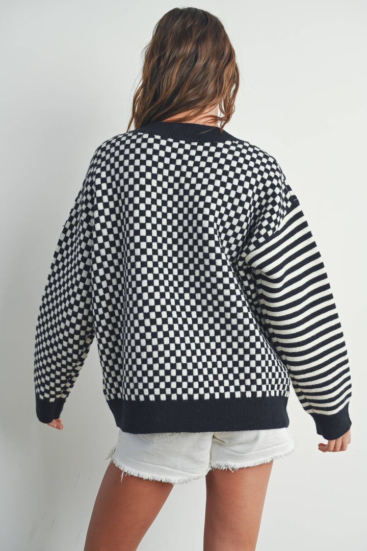 Women's Sweaters - FRENCHY CHECKER PATTERN DROP SHOULDER SWEATER - - Cultured Cloths Apparel