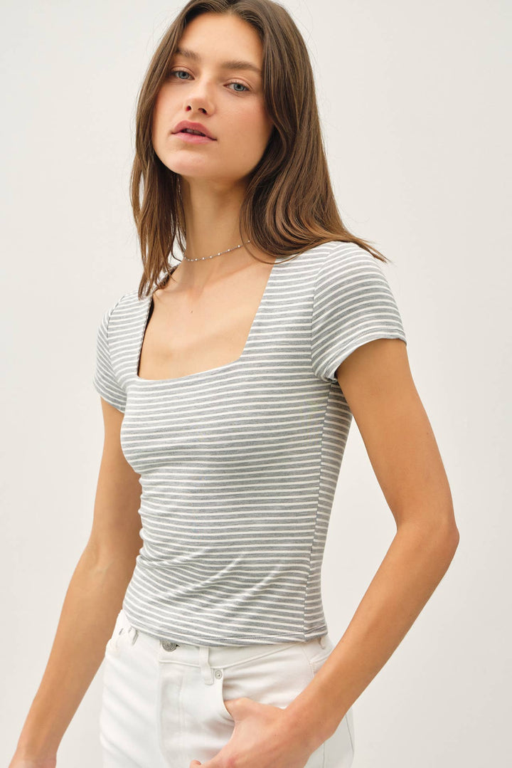 Women's Short Sleeve - ULTRA SOFT DOUBLE LINED STRIPED SQUARE NECK TOP - - Cultured Cloths Apparel