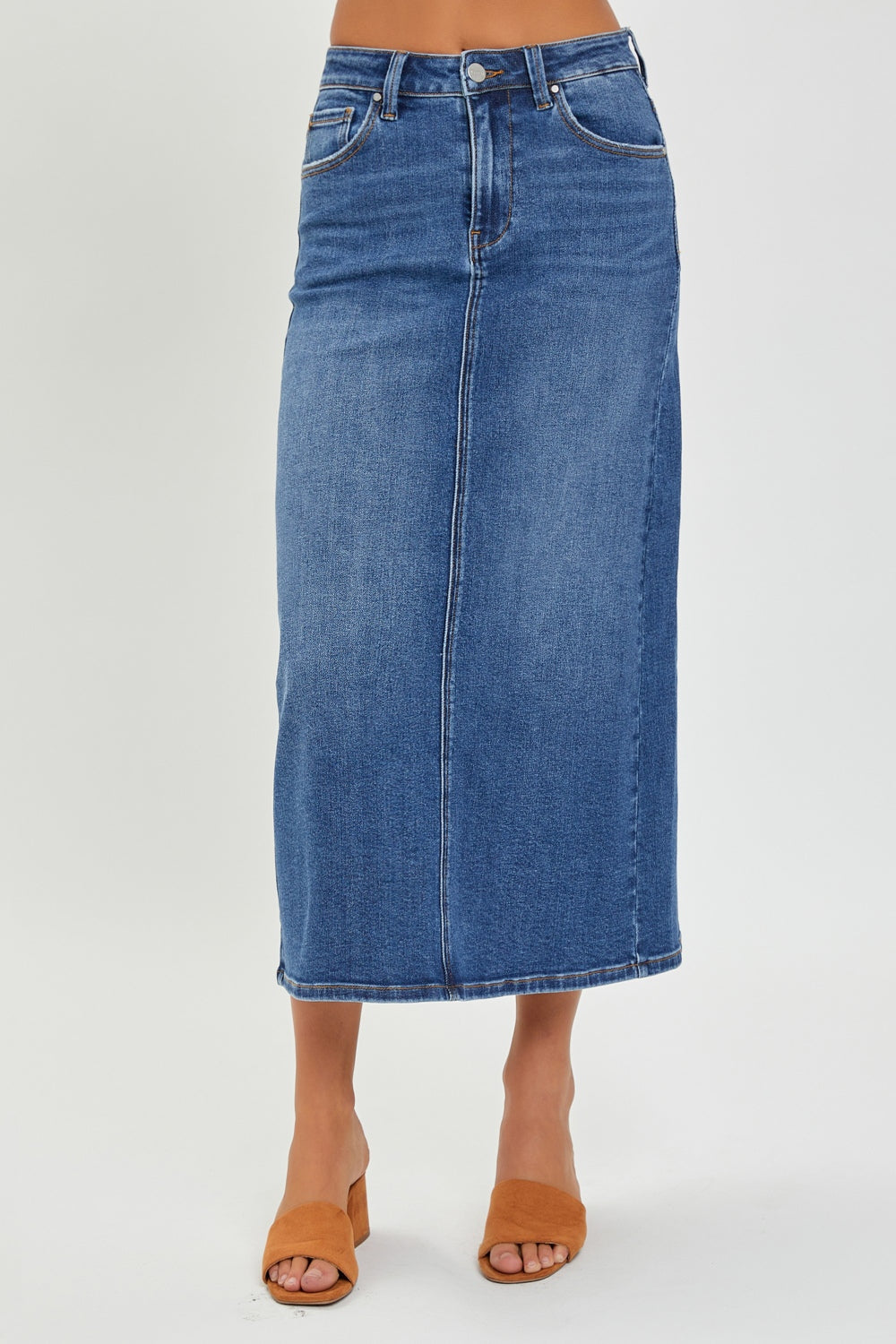 Women's Skirts - RISEN High Rise Back Slit Denim Skirt - Dark - Cultured Cloths Apparel