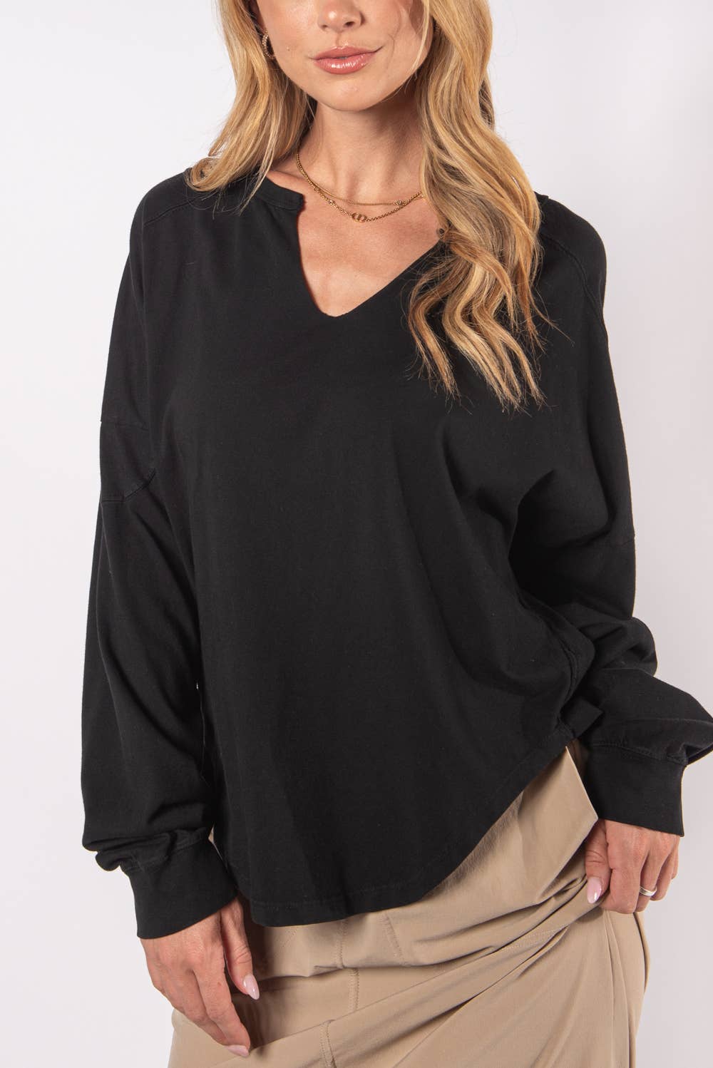 Women's Long Sleeve - WASHED OVERSIZED PREMIUM COTTON NOTCH NECK TEE -  - Cultured Cloths Apparel